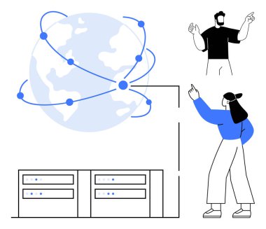 Birbirine bağlı noktaları olan dünya, kavramları ve veri sunucularını açıklayan iki kişi. Teknoloji, iletişim, ağ, takım çalışması, bulut hesaplama veri akışı küresel etkileşim için idealdir. Düz
