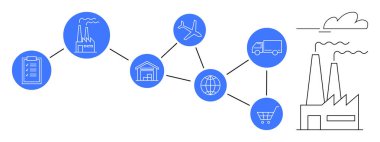 Fabrika, depo, uçak, kamyon, dünya, alışveriş arabası lineer ağa bağlı. Lojistik, dağıtım, e-ticaret, küresel ticaret tedarik sistemleri iş verimliliği için ideal