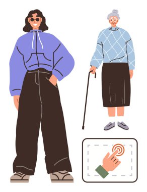 Kendine güveni tam bir kadın bastonlu yaşlı bir bayanın yanında, dokunmatik bir el hareketinin yanında duruyor. Yaş, çeşitlilik, teknoloji, etkileşim, yaşam tarzı, kapsama, gelecek için ideal