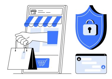 Dijital vitrin, alışveriş torbaları tutan bir el, asma kilitli bir güvenlik kalkanı ve sohbet penceresi gösteriyor. Çevrimiçi alışveriş, siber güvenlik, e-ticaret, dijital pazarlama, çevrimiçi için ideal