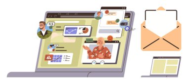 Çeşitli takımlar bilgisayar aracılığıyla video görüşmeleri, mesajlaşmalar, e-postalar ve veri paylaşımı için bağlantı kuruyor. Takım çalışması için ideal, uzaktan çalışma, iletişim, sanal etkileşim, teknoloji işi basit düz metafor