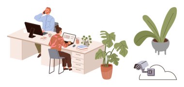 Bilgisayarlar ve bir telefonla aynı masada çalışan iki iş arkadaşı. Arka planda saksı bitkileri ve bulut bağlantılı bir güvenlik kamerası var. Takım çalışması için ideal, güvenlik, uzaktan çalışma, modern