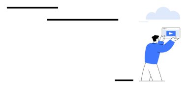 Minimalist merdiven ve bulutların yanında yürüme düğmesi olan bir tablet tutan adam. Video dersleri, çevrimiçi öğrenim, bulut depolama, teknoloji, ilerleme, multimedya, basit iniş için ideal