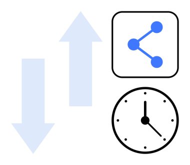 Yukarı ve aşağı oklar, paylaşım simgesi ve saat bağlantıyı, yönü, zaman verimliliğini, işbirliği, takım çalışması, planlama ve ilerlemeyi simgeliyor. Çalışma akışı ya da zamanlama kavramları için ideal