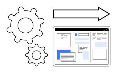 Dişliler, ok ve web arayüzü vurgulama süreci verimliliği, sistem akışı ve görev yönetimi. Otomasyon, verimlilik, teknoloji, gelişim organizasyon sistemleri için ideal basit düz