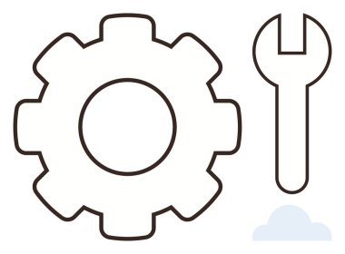 Üzerinde küçük bir bulut sembolü bulunan vites ve anahtar ana hatları sorun çözme, yenilik ve otomasyon işlemini akla getiriyor. Bakım, onarım, teknoloji, takım çalışması, mühendislik, planlama verimliliği için ideal