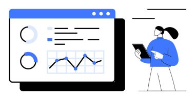Tableti olan bir kişi tarafından incelenen grafikler, grafikler ve veri analizlerinin yer aldığı dijital gösterge paneli. Analiz, strateji, performans, raporlama, teknoloji iş akışı için ideal basit iniş sayfası