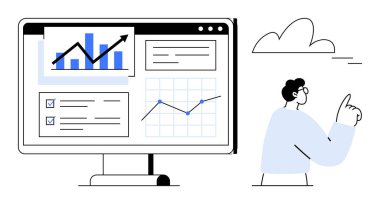 Büyüme çizelgeleri, kontrol listesi, grafikler, metin bölümleri olan bilgisayar ekranı. Adam bulutu işaret ediyor. Analiz, strateji, verimlilik gelişimi performans verimliliği finansmanı için ideal. Basit düz