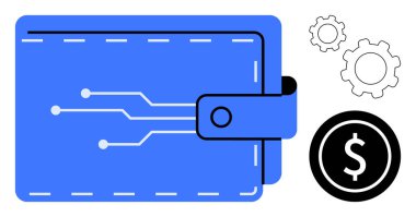 Devre çizgileri, dişliler ve bir dolar ikonu olan mavi cüzdan. Fintech, teknoloji, yenilik, dijital işlemler, kripto para birimi, online bankacılık basit iniş sayfası için ideal