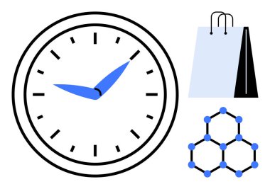 Mavi elli büyük saat, saplı alışveriş çantası ve altıgen moleküler yapı. Zaman yönetimi, perakende, araştırma, verimlilik, gelecek planlama alışverişi için ideal. Düz