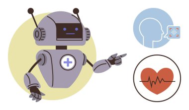 Ses analizi ve kalp atış hızı izleme ikonlarına işaret eden yapay zeka sembolü olan robot tıbbi teknisyen ve tanı koyuyor. Sağlık hizmetleri, yapay zeka, yenilik, hasta bakımı, teletıp için ideal