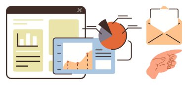 Çubuk grafikli analitik gösterge paneli, pasta grafiği, çizgi grafiği, e-posta ikonu ve işaret eli. İletişim, pazarlama, işbirliği veri analizi iş akışı dijital trendler ve brifing için idealdir. A