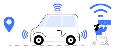 Kablosuz sinyal dalgaları, yer işaretleyicisi, geliştirici programlama navigasyonu olan otomatik çalışan bir araba. Teknoloji için ideal, yapay zeka, otomasyon, ulaşım, kodlama, yenilik, basit iniş sayfası
