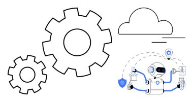 Robot, yapay zeka odaklı otomasyon ve dijital süreçleri sembolize ederek vites, bulut ve güvenlik araçlarıyla etkileşime giriyor. Teknoloji, yenilik, güvenlik, veri, yapay zeka iş akışı bulut hesaplaması için ideal