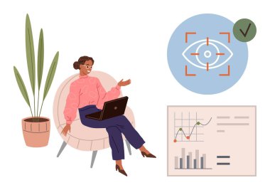 Bir kadın elinde dizüstü bilgisayarla bir sandalyeye oturmuş veri kavrayışlarını tartışıyor. Göz takip konsepti, çizelgeler, grafikler ve bir bitki içeriyor. Analiz, yenilik, stratejik kullanılabilirlik takım çalışması için ideal