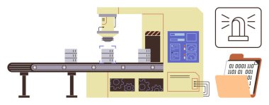 Fabrika taşıma sistemi kutuları robotik tarayıcı, kontrol paneli, uyarı işareti ve veri klasörünün altına taşıyor. Üretim, otomasyon, kalite kontrolü, tedarik zinciri, yapay zeka lojistik endüstrisi için ideal