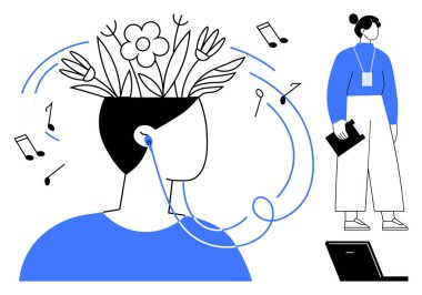 Çiçekli bir kafa, müzik çalan kulaklıklar, dizüstü bilgisayarı olan profesyonel bir kadın. Yaratıcılık, farkındalık, müzik, iş hayatı dengesi, odaklanma rahatlama için idealdir. Basit düz metafor