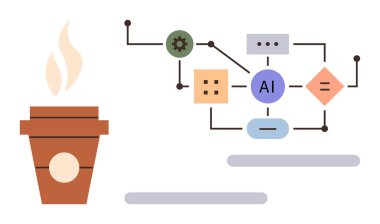 Birbirine bağlı yapay zeka sistemi, dişliler ve veri düğümlerinin yanında sıcak kahve fincanı. Teknoloji, yaratıcılık, yenilik, makine eğitimi, karar verme mekanizması verimliliği için idealdir. Basit düz metafor