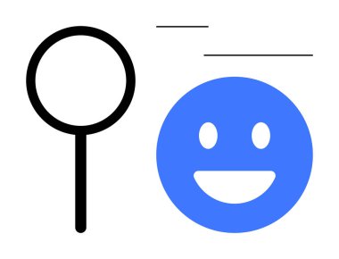 Mavi gülümseyen bir yüzün yakınındaki büyüteç keşif, gözlem, iyimserlik ve berraklığı işaret ediyor. Arama özellikleri, problem çözme, kullanıcı deneyimi, veri analizi, eğitim markalaşması için ideal