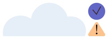 Uyarı üçgenli bulut ve kontrol işareti veri analizini, sistem sağlığını ve karar takibini vurguluyor. Teknoloji, alarmlar, izleme, güvenlik, iletişim, depolama verileri için ideal