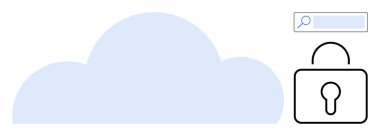 Kilit sembolü ve arama çubuğuna sahip bulut simgesi güvenli depolama, veri gizliliği, güvenli tarama, şifreleme, kimlik doğrulama, bilgi korumasını öneriyor. Siber güvenlik ve bulut hizmetleri için ideal