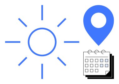 Güneş ikonu takvim ve konum broşu ile eşleştirildiğinde güneş ışığı, seyahat planları, olay takvimi ve konum bilinci gibi fikirler ortaya çıkıyor. Zaman yönetimi, seyahat, yaz planları, randevular, açık hava için ideal