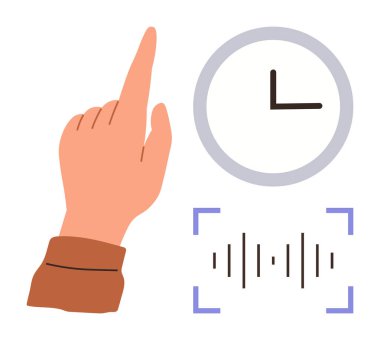 Dijital saat simgesi ve ses dalgası grafiğinin yanında el kaldırarak teknolojik etkileşimi gösteriyor. Ses tanıma, zaman yönetimi, yapay zeka araçları, gelecekteki teknoloji, otomasyon, kullanıcı arayüzü için ideal