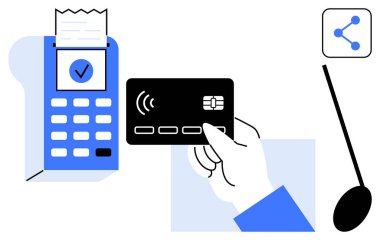 Ödeme terminali, makbuz işaretleri, paylaşım simgesi üzerinde el ele tutuşma kartsız işlem. Finans, dijital ödeme, e-ticaret, teknoloji, bankacılık ve perakende için ideal