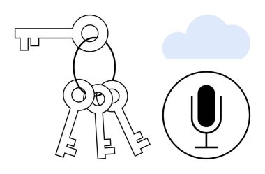 Bir yüzükte asılı anahtarlar, bir mikrofon ikonu ve veri güvenliğini, ses erişimini ve bulut deposunu simgeleyen bir bulut. Güvenlik, teknoloji, veri depolama, ses bulutu hesaplama gizliliği için ideal