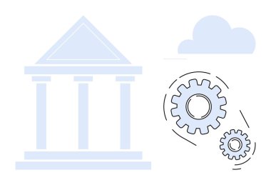 Çarkların ve bulutların yanında sütunları olan klasik bir bina. Yönetim, teknoloji entegrasyonu, sistem geliştirme, yenilik, verimlilik, politika yönetimi, dijital