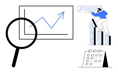Çizgi grafiğinin üzerindeki büyüteç, bar tablosunda arama yapan adam ve veri analizini, ilerleme takibini ve planlamayı temsil eden takvim. Araştırma, finans, pazarlama ve analitik stratejisi için ideal