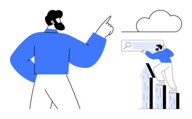 Büyük figür liderliği sembolize ederken, küçük figür bulutları aramak için çubuk grafiğe tırmanıyor. Liderlik, büyüme, takım çalışması, yenilik, bulut teknolojisi, vizyon için ideal