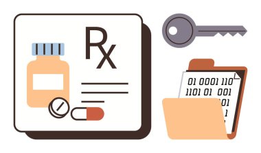 İlaç şişesi, haplar, dosyada ikili kod olan pano ve anahtar veri gizliliği, siber güvenlik, sağlık kayıtları, tıbbi veriler, şifreleme veya sağlık hizmetlerine uyum öneriyor. İdeal