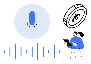 Ses dalgalı mikrofon ve bozuk para, tabletli kullanıcı. Ses komutu, fintech, kullanıcı etkileşimi, kripto para birimi, otomasyon, teknoloji trendleri, basit iniş sayfası için ideal