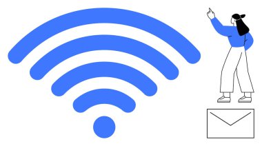 E- posta zarfı sembollü büyük mavi kablosuz sinyal simgesine doğru hareket eden bir kadın. Bağlantı, iletişim, teknoloji, internet, dijital etkileşim, ağ kurma, paylaşma, düz basit