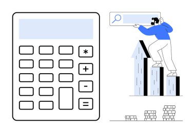 Büyük hesap makinesi, parmaklıklara tırmanan adam başparmaklarını yukarı kaldıran oklar, arama balonu, altına istiflenmiş paralar. Finans, büyüme, hesaplama, başarı verimlilik yatırım planlama için idealdir. Basit düz