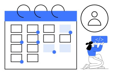 İşaretli tarihli büyük takvim, kullanıcı profili simgesi ve dizlerinin üzerine çökmüş programcı düzenleme kodu. Üretkenlik, planlama, takım çalışması, teslim tarihleri, organizasyon, iş akışı basit iniş sayfası için ideal