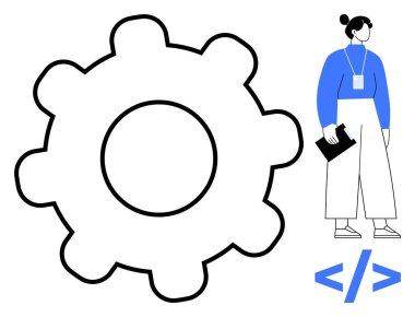 Kadın pano tutuyor, büyük boy ekipman, HTML kod simgesi. Teknoloji geliştirme, takım çalışması, yenilik, kodlama, bilişim yönetimi problem çözme yaratıcılığı için idealdir. Minimalist düz metafor