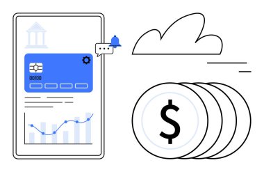 Ödeme kartlı tablet, tebligat, istatistikler para ve bulutların yanında. Finans, bankacılık, fintech, yatırım, ödemeler, bütçe yönetimi için ideal basit iniş sayfası