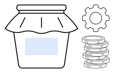 Kumaş kapaklı cam kavanoz, bozuk paralar ve vites. Tasarruf, yatırım, mali büyüme için ideal, küçük işletme, verimlilik, ekonomik strateji basit düz metafor
