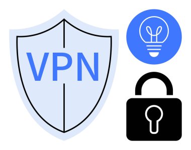 Kalkan etiketli VPN, asma kilit ve ampul gizlilik, siber güvenlik ve yenilik anlamına geliyor. VPN hizmetleri için ideal, veri koruması, çevrimiçi güvenlik, teknolojik çözümler gizlilik araçları siber güvenlik