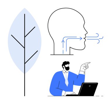 Yaprak sembolü, insan solunumu diyagramı ve dizüstü bilgisayardaki adam ekolojik farkındalık, sağlık ve teknolojiyi birbirine bağlıyor. Sürdürülebilirlik, biyoloji, çevre, iletişim takım çalışması eğitimi için ideal