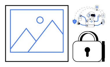 Veri bağlantılarını, şifrelemeyi ve dijital varlıkları yöneten yapay zeka robotu. Manzara görüntüsü, asma kilit güvenliği simgeliyor. Veri gizliliği, yapay zeka teknolojisi, görüntü işleme, siber güvenlik otomasyonu için ideal