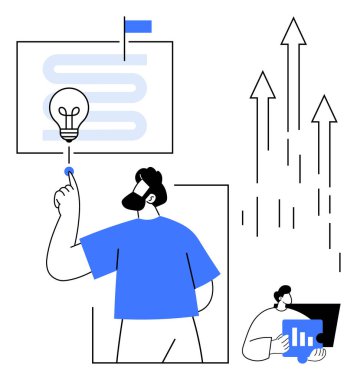 Bir adam ampul tasarımını işaret ediyor, yeniliği temsil ediyor, büyümeyi simgeleyen oklarla. Meslektaşım veri tablolarıyla çalışıyor. Takım çalışması, strateji, yenilik, büyüme, analiz işi için ideal
