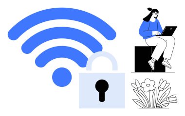 Geniş kablosuz sembol güvenli bir kilitle eşleştirilmiş, dizüstü bilgisayarda çalışan bir kadın, yakınlarda çiçekler. Siber güvenlik, internet erişimi, çevrimiçi güvenlik, uzaktan çalışma, veri gizliliği, dijital güvenlik için ideal