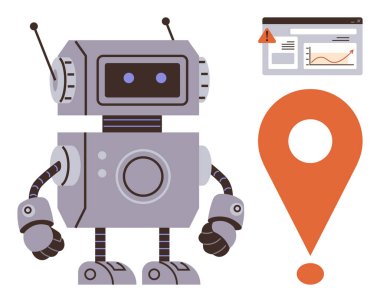 Analitik gösterge paneli ve turuncu harita iğnesinin yanında Retro robot, teknolojiyi, yer tespitini öneriyor. Yapay zeka, robot bilimi, navigasyon, otomasyon, yenilikçi analitik teknoloji eğitimi için idealdir. Basit düz