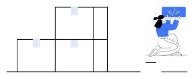 Yapılandırılmış blokların yanında kalbi durmuş bir kadın. Kodlama, hata ayıklama, organizasyon, iş akışı, dijital dönüşüm, eğitim ve basit iniş sayfası için ideal