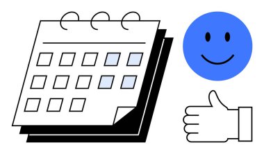 Belirli tarihleri gösteren takvim, mavi gülen yüz ve baş parmak işareti. Planlama, verimlilik, programlama, organizasyon, zaman yönetimi, motivasyon için ideal basit bir iniş sayfası