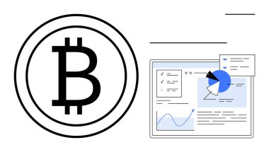 Üzerinde pasta grafiği, çizgi grafiği ve metin kutuları olan dijital analitik panelin yanında Bitcoin logosu. Kripto para birimi, engelleme zinciri, veri analizi, fintech, ticaret, yatırım sade iniş sayfası için ideal