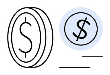 Döviz sembollü ve dairesel aksanlı dolar sikkesi çizimi. Finans, yatırım, bütçe, ekonomi, tasarruf, döviz ve ticaret için ideal. Basit düz metafor.